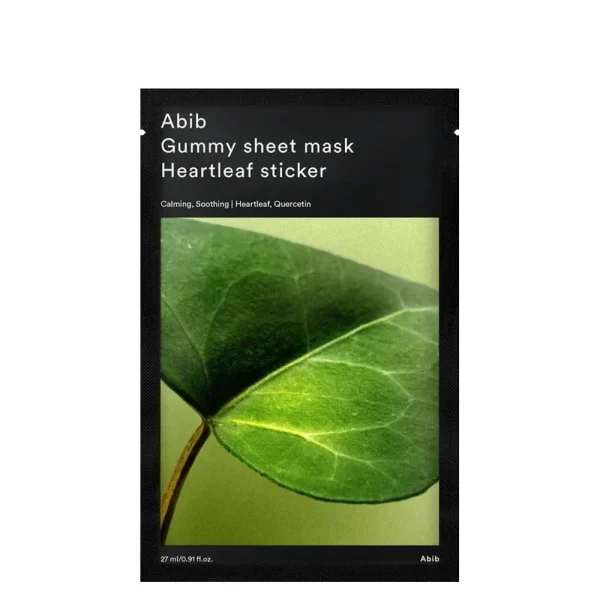 Nomierinoša lokšņu maska ar houtūniju un centellu jutīgai ādai ABIB Gummy Sheet Mask Heartleaf Sticker