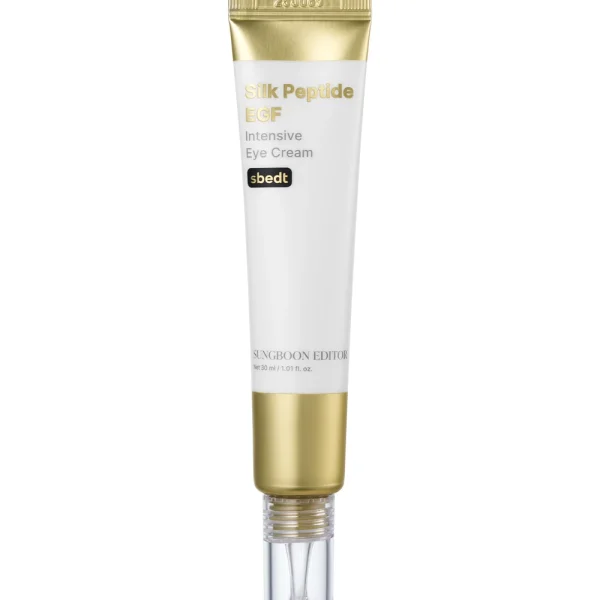 Sungboon Editor Silk Peptide EGF acu krēms 30 ml – balta un zeltaina tūbiņa ar dozatoru