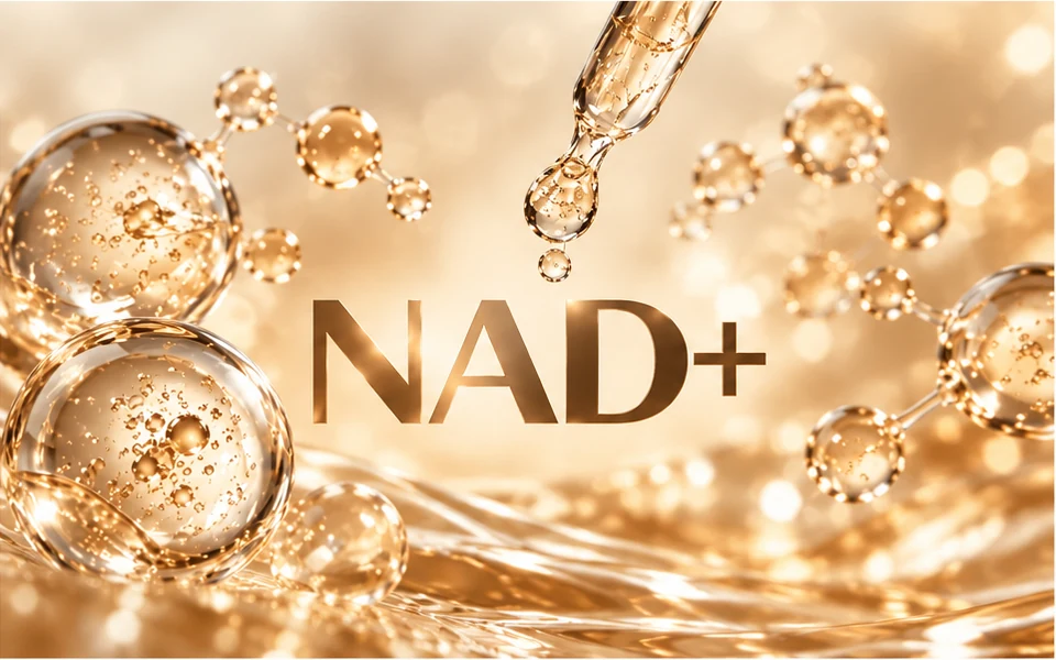 NAD+ sejas kopšanā – zeltains serums un molekulu vizualizācija